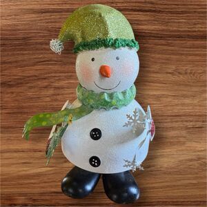 CHRISTMAS SPARKLE glittery Bouncy Snowman White with green hat & scarf 13.5"